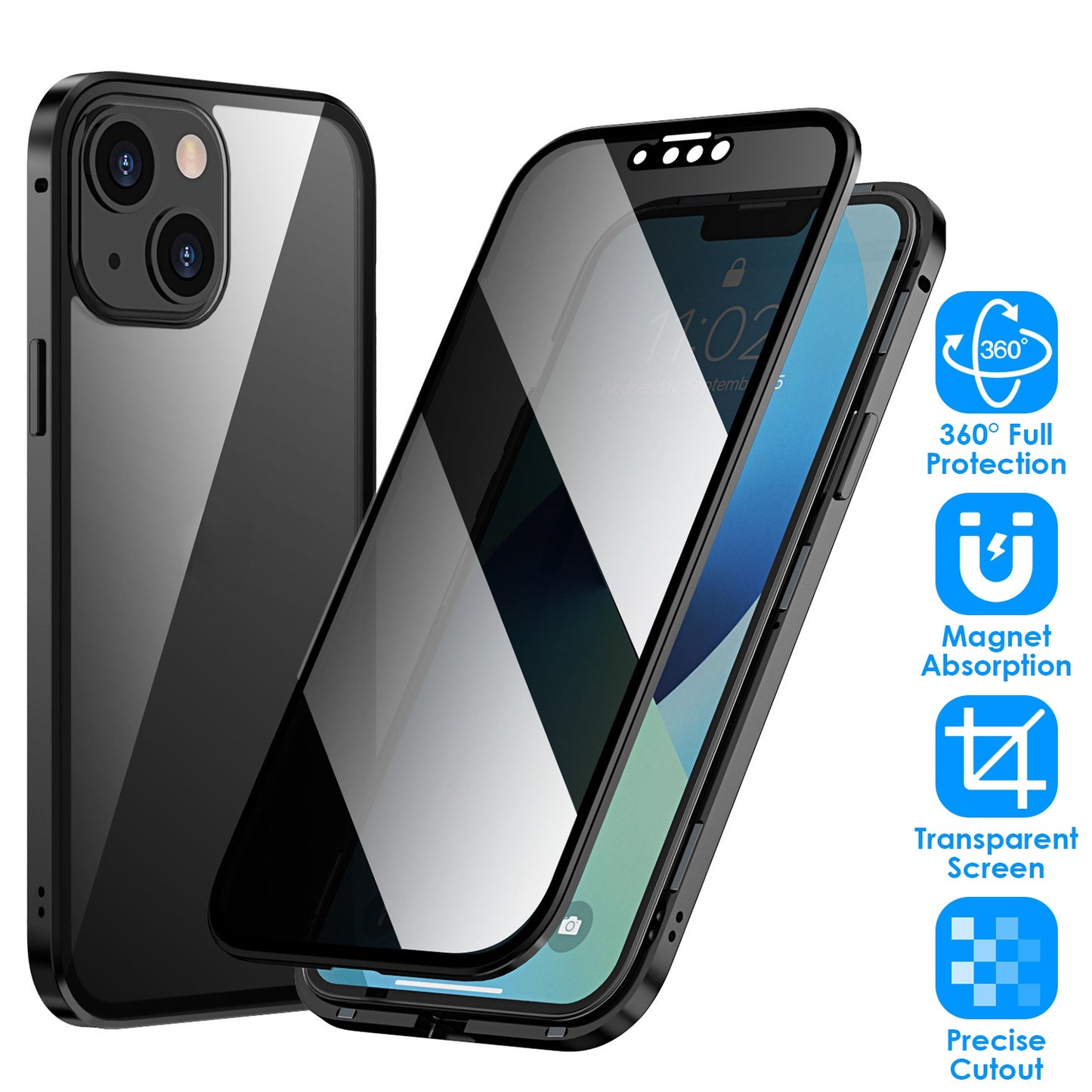 Privacy Magnetic Phone Case 360¡ Full Protection Anti Spy Phone Cover Double Sided Tempered Glass Magnet Absorption Fit for IOS Phone 14 Pro