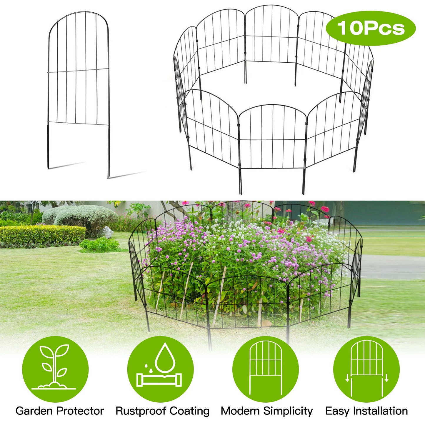 10Pcs Decorative Garden Fence Rustproof Iron Wire Arched Fence Animal Barrier Border 12.59Ó Width 23.93Ó Length For Yard Landscape Patio Outdoor Decor
