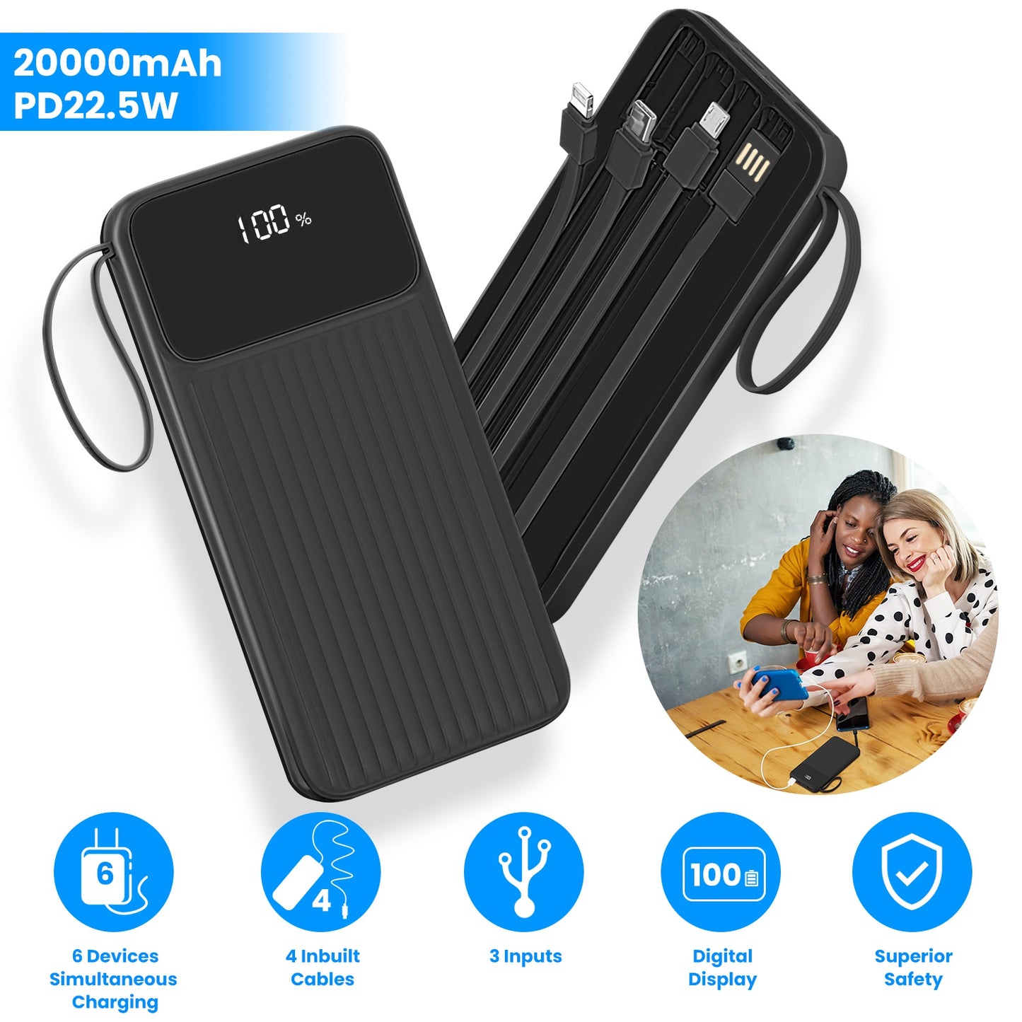 PD22.5W Fast Charger 20000mAh Fast Charging Power Bank Portable Charger with 4 Inbuilt Cables Digital Display Handle Fit For IOSPhone 15/14 Android An