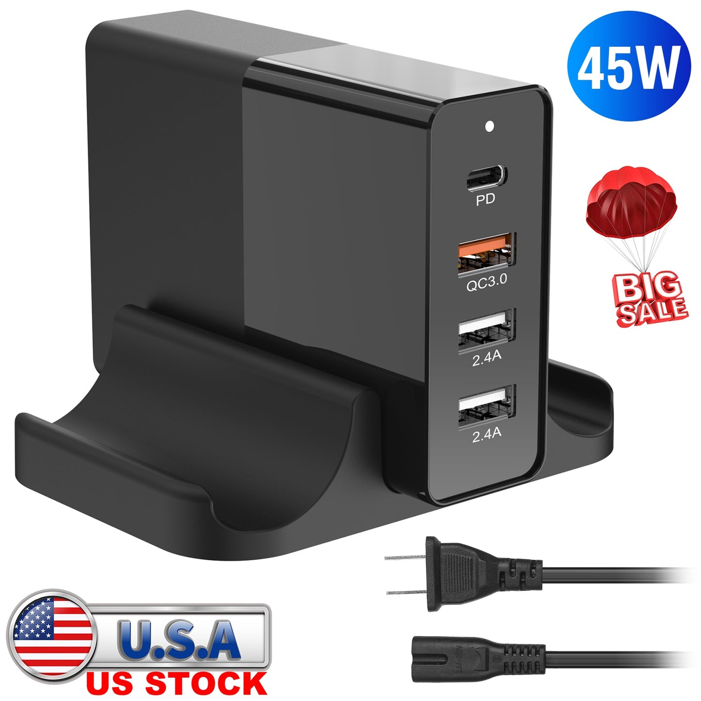 USB Fast Charger 45W 4-Port Fast Charging Station Type-C Wall Charger PD Adapter with 1 Type-C Port 3 USB-A Ports Fit for IOS Phone 13/iPad/Galaxy/Lap