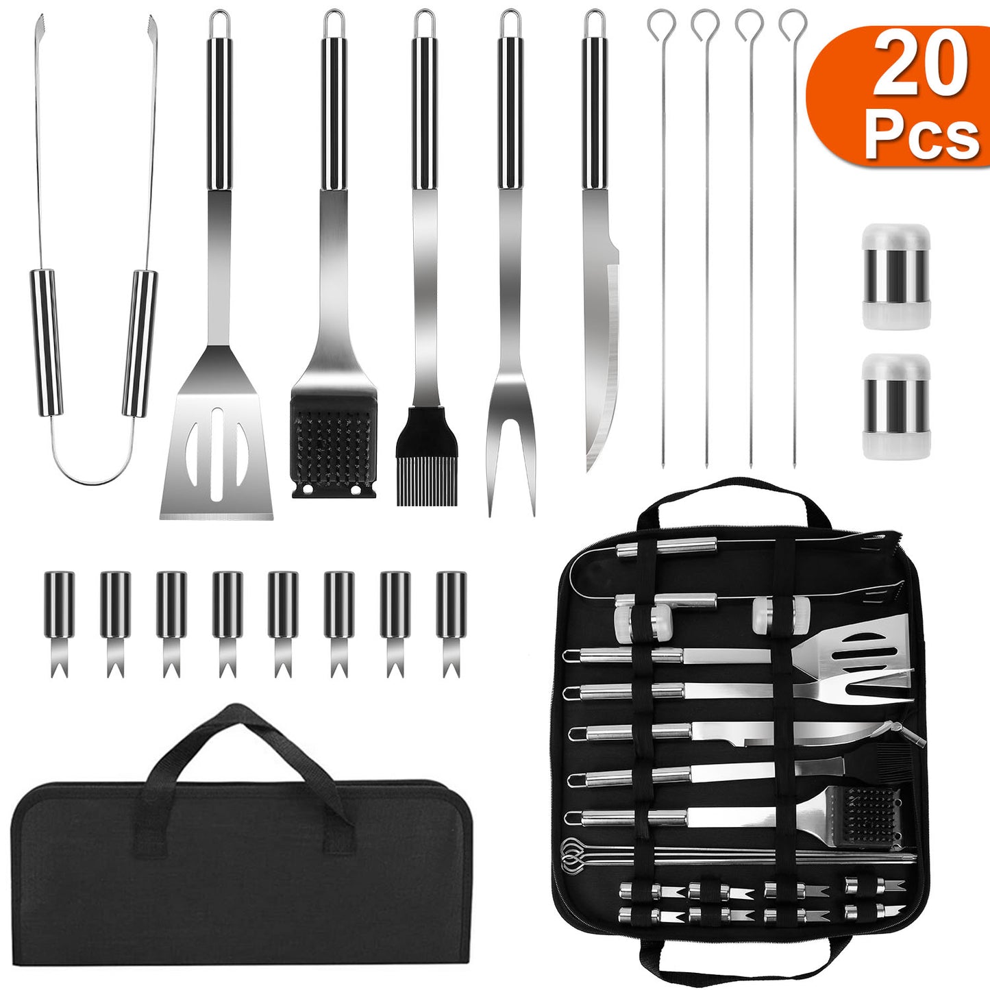 Stainless Steel BBQ Grill Tool Kit Grilling Utensil Accessories w/ Spatula Tongs Fork KnifeBrush Pepper Salt Shaker Bottle Grilled Skewers Corn Need
