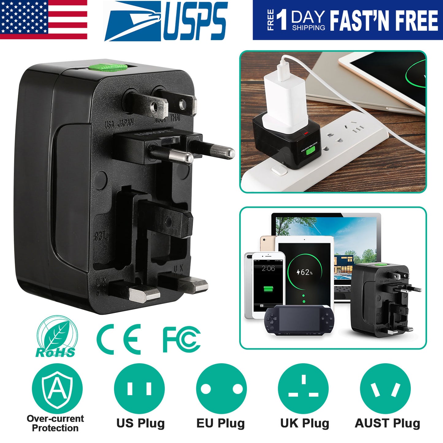 Universal Travel Adapter AC Power Plug Adapter US UK EU AUST Worldwide Socket For Phones Tablet Cameras