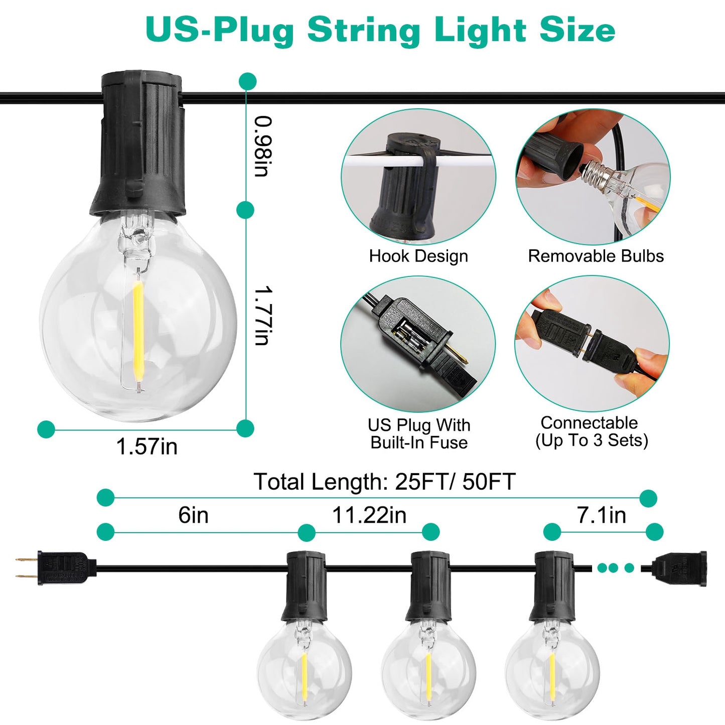 50FT Decorative Globe String Lights Outdoor Indoor 25Pcs Bulb Light Strings Fairy String Lamps for Garden Lawn Patio Cafe Party