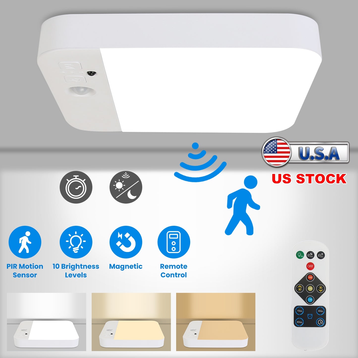 Motion Sensor Ceiling Light With Remote Rechargeable Wireless Flush Ceiling Light with 3000K 4500K 6000K 3 Timer 10 Brightness for Closet Stairs Garag