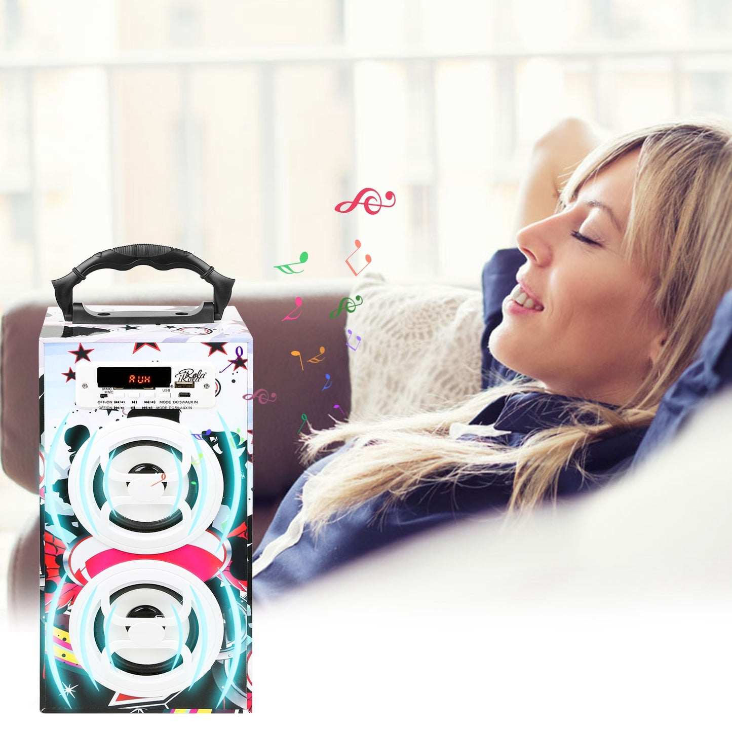 iRola Wireless Speaker 10W Powerful Subwoofer Wooden Loudspeaker FM AUX MMC for iPhone X Samsung S9 Tablet PC