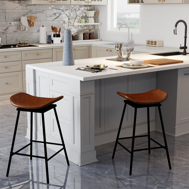 Set of 2 Swivel Barstools Faux Leather Upholstered Backless with Footrest