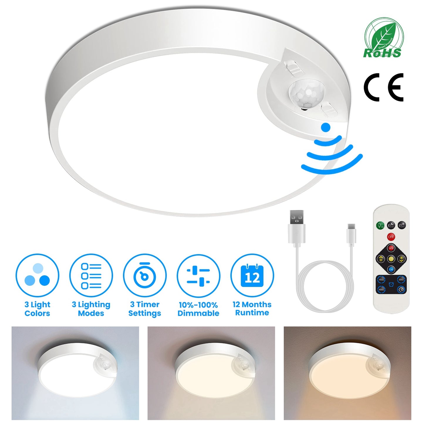 Rechargeable Motion Sensor Ceiling Light Dimmable LED Ceiling Light with Remote Timer 3 Light Colors 3 Modes for Stairs Garage Bathroom