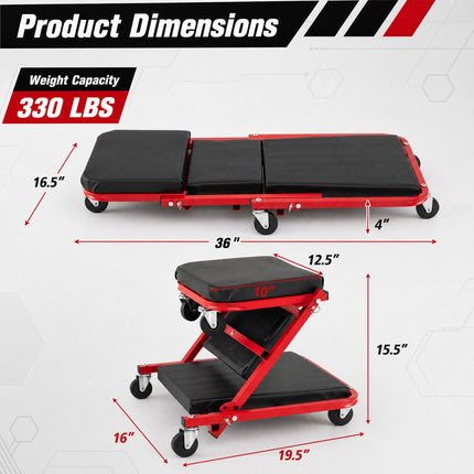 3-in-1 Folding Mechanic Creeper with 6 Wheels - 36 Inch
