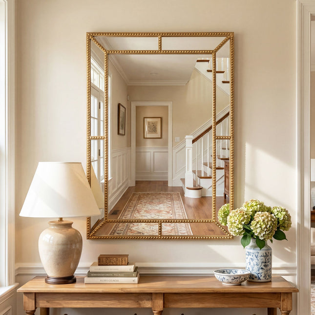 36 x 24 Inch Gold Wall Mirror with Beaded Frame for Living Room