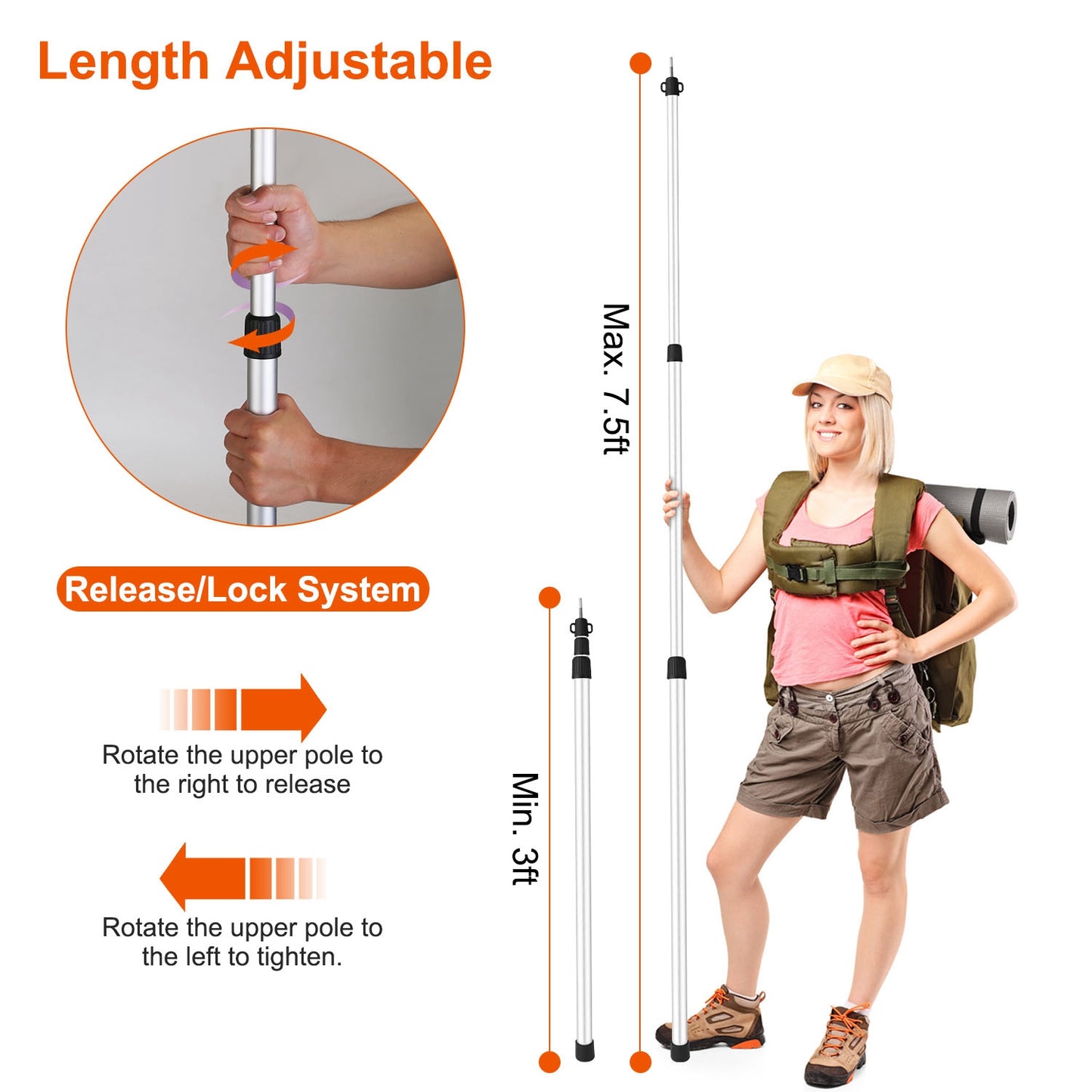 2Pcs Telescoping Tarp Poles Portable Aluminum Awning Poles 3-7.5ft Adjustable Telescopic Tarp Tent Rods