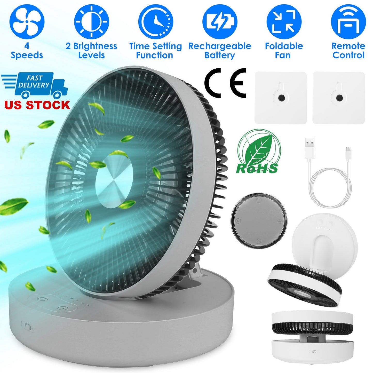 Foldable Rechargeable LED Desk Fan Wall Mounted Fan with Magnetic Remote Hanging Oscillating Fan with 4 Speeds 2 Brightness Time Setting Automatic Rot