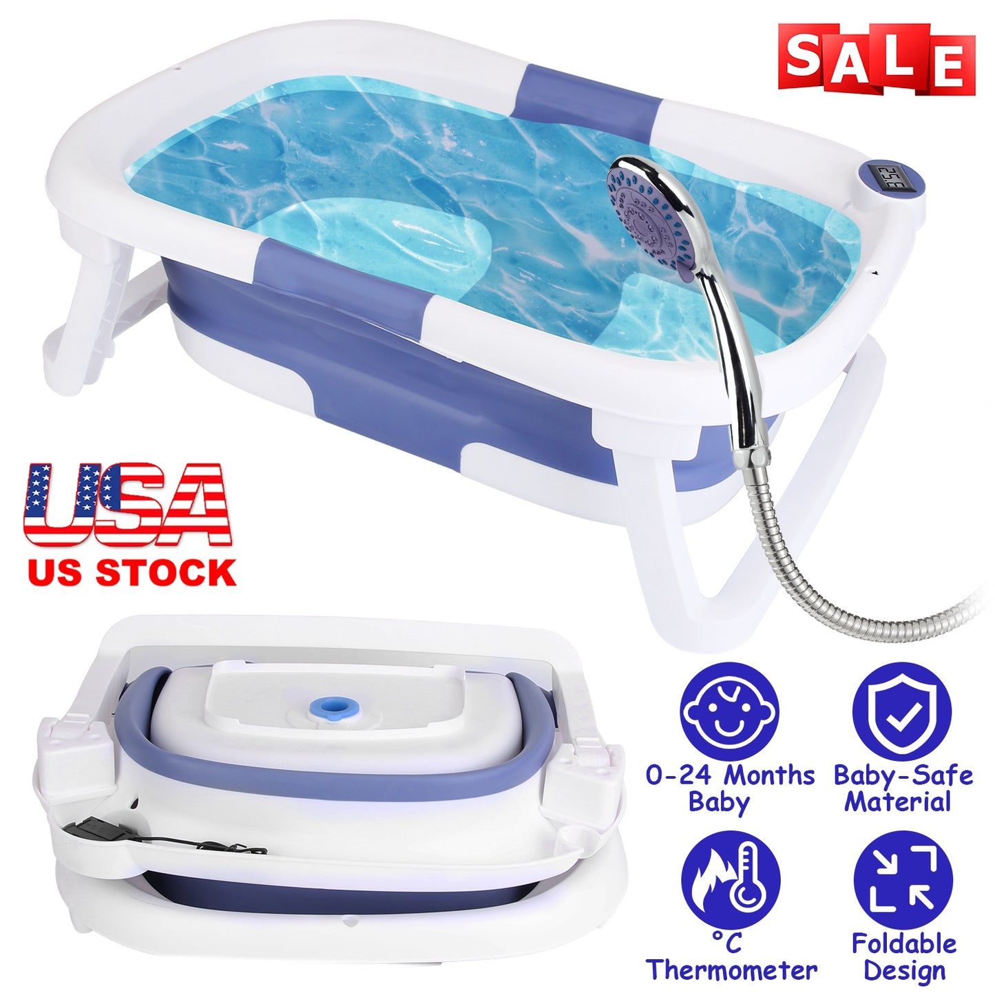 Baby Bath Tub with Thermometer Collapsible Travel-Friendly 0-24Months Baby Bathtub with Drain Hole For Newborn Infant Toddler Odorless Non-Toxic Folda