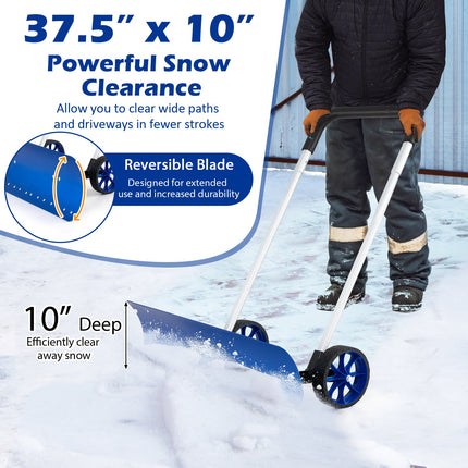 37.5 Inches Aluminum Snow Shovel with Wheels and Bi-Directional Angled Blade-Blue