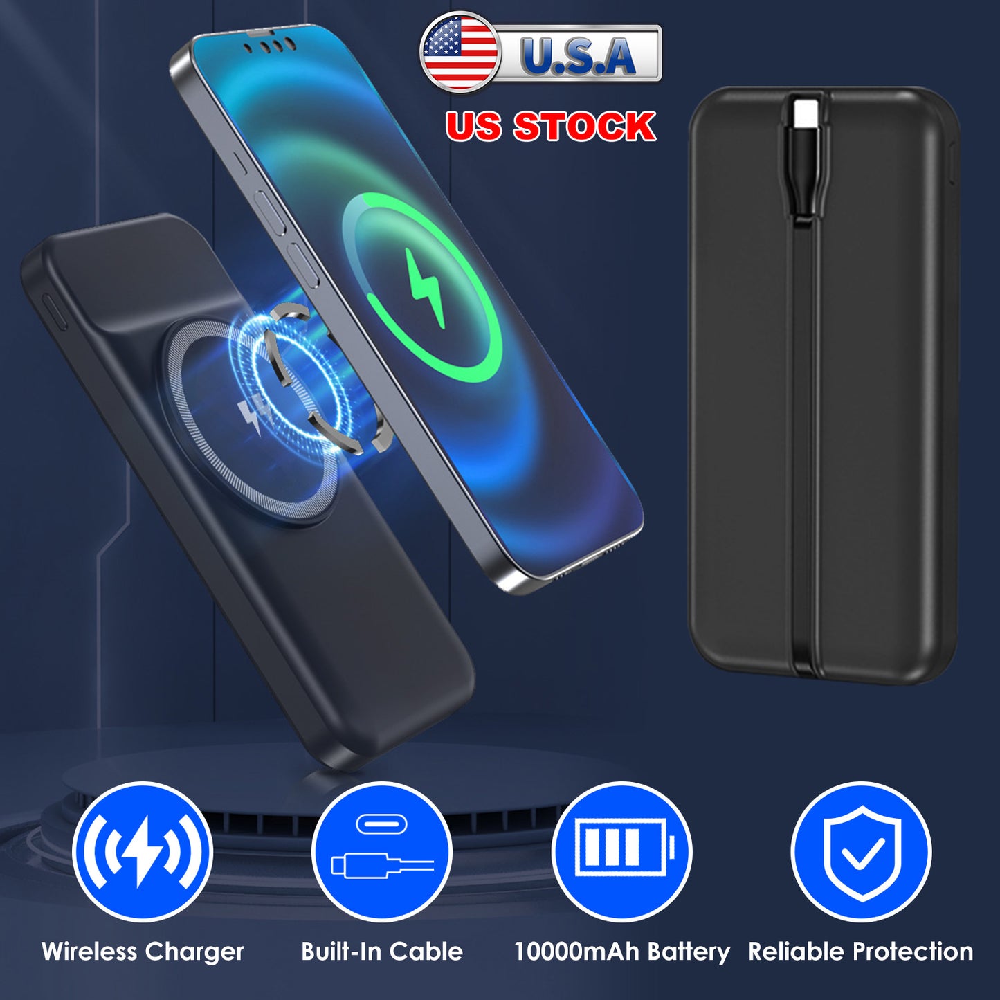 10000mAh 22.5W Magnetic Wireless Power Bank PD Fast Charging Portable Charger with Built-in Type-C Cables 15W Wireless Charging