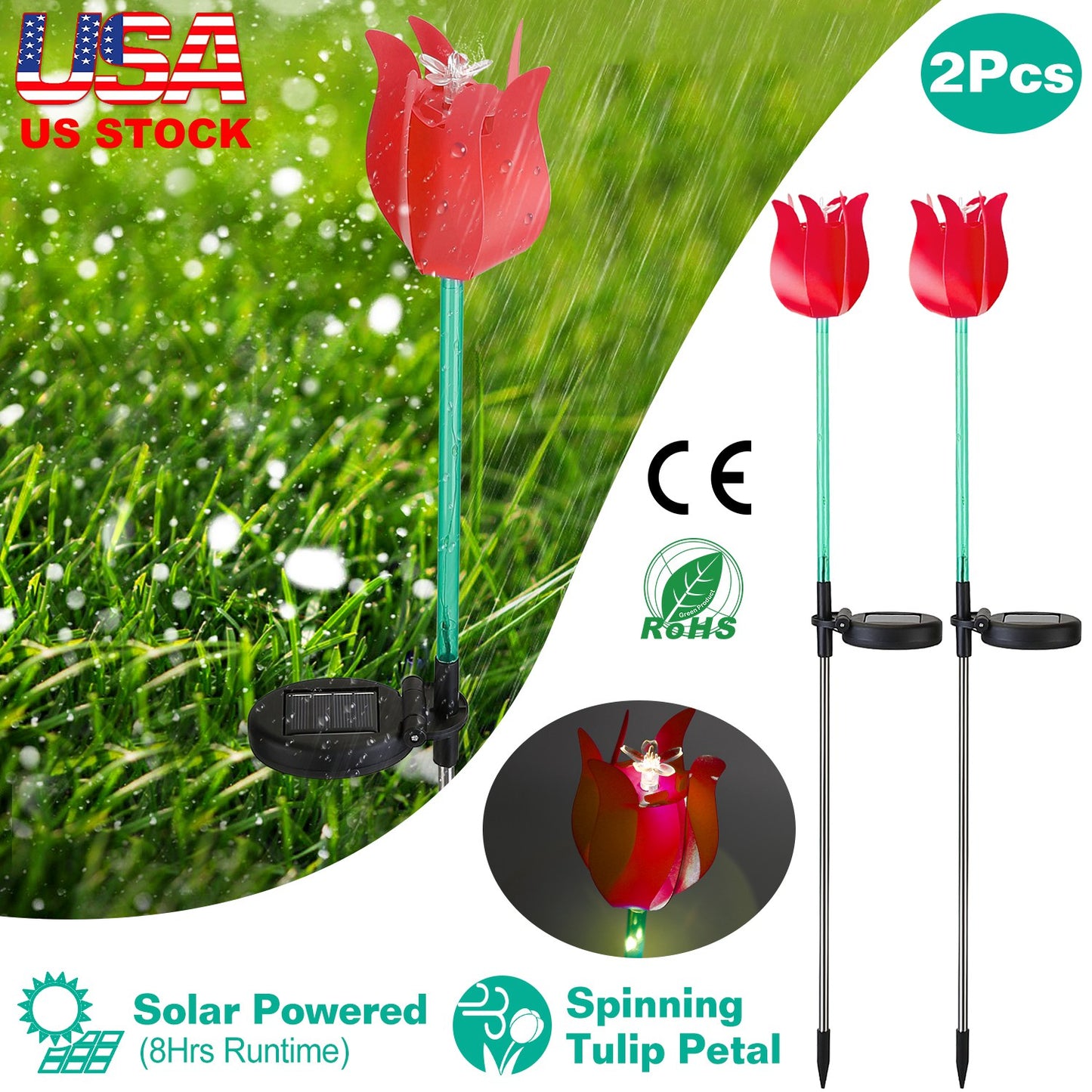 2Pcs Solar Powered Tulip Garden Light Wind Mill Waterproof Landscape Stake Lamp Decorative Lawn Lights For Yard Driveway Walkway Patio