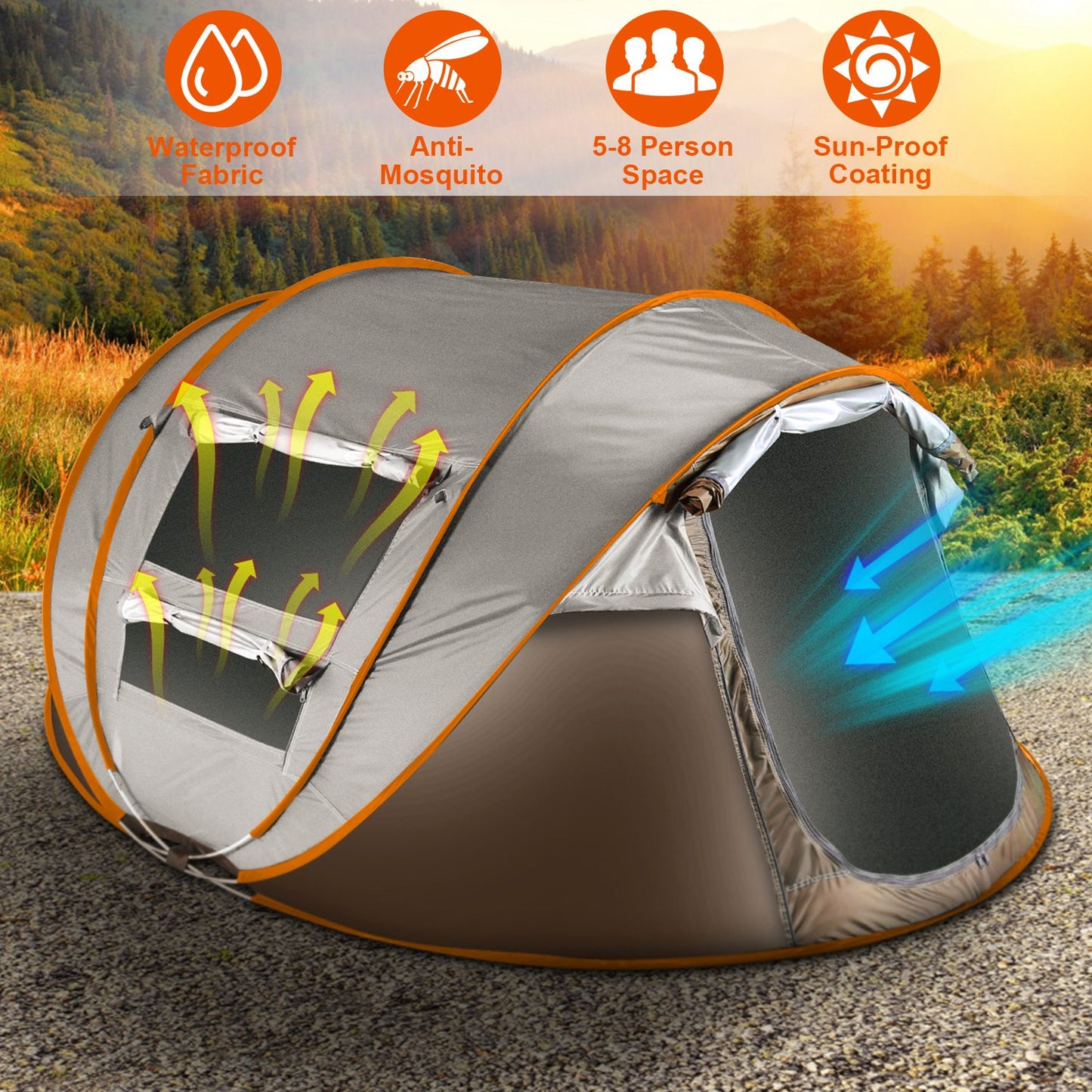 5-8 Person Pop Up Tent Automatic Setup Camping Tent Waterproof InstantÊSetup Tent with 4 Mosquito Net Windows Carrying Bag for Hiking Climbing Adventu