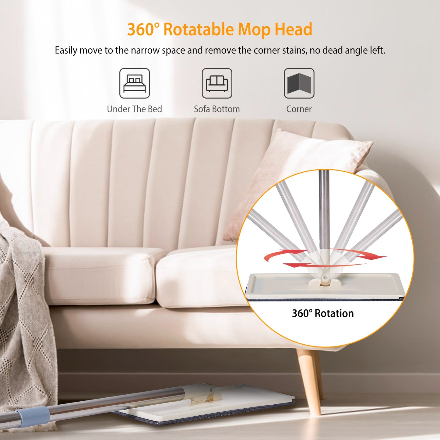 Flat Floor Mop Bucket Set Self Cleaning Wet Dry Usage with 2Pcs Reusable MicrofiberÊMop Pads