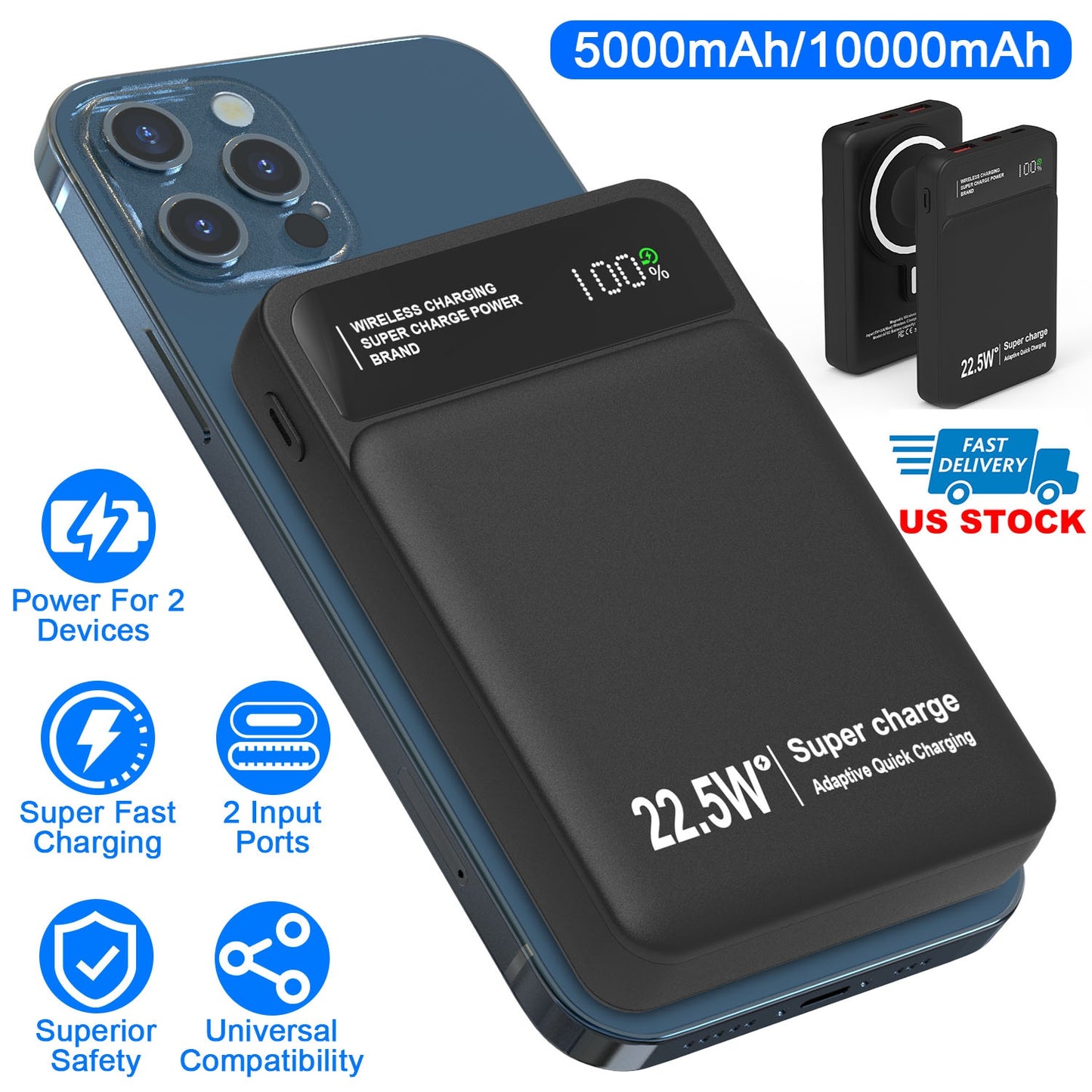 5000mAh Magsafe 3 In 1 Portable Charger PD22.5W Magnetic Fast Charger Fast Charging Power Bank Fit For IOS Phone 15/14 Samsung Galaxy S24 And More