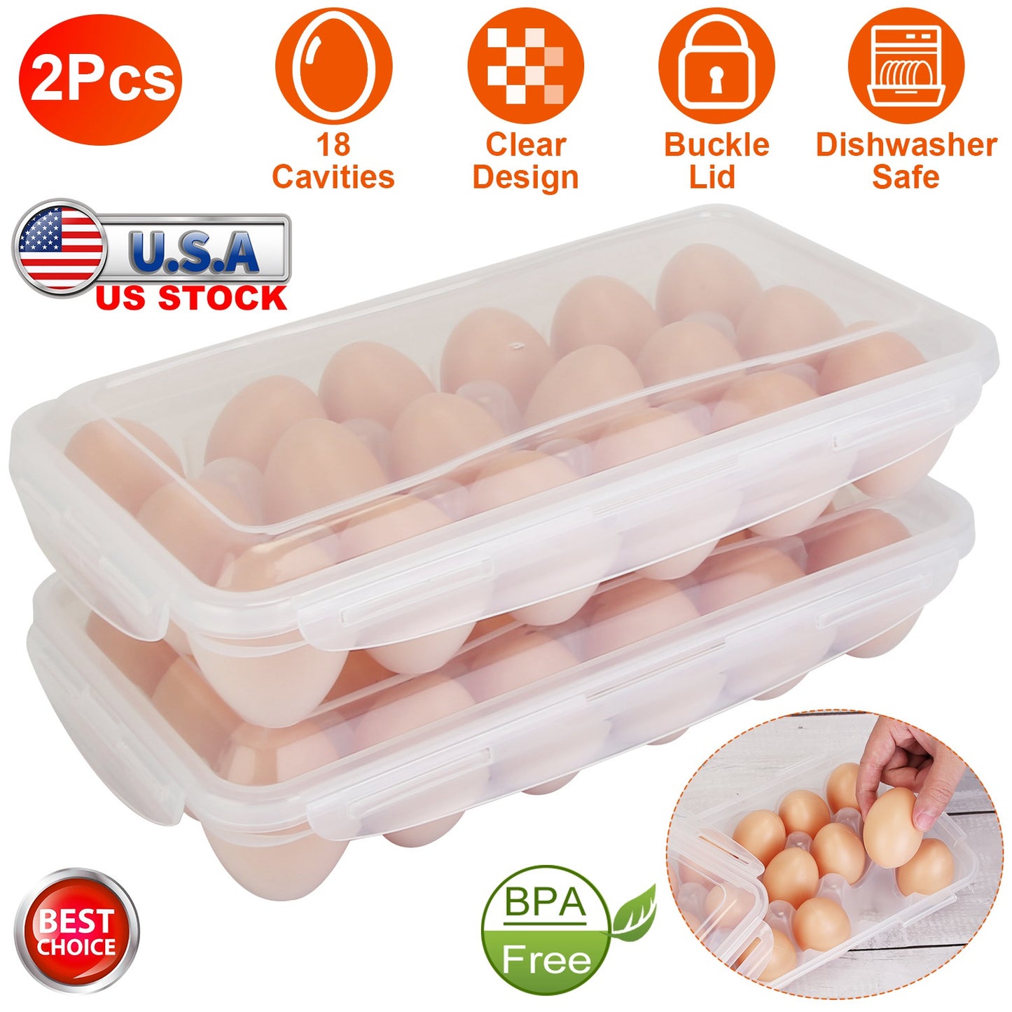 2Pcs Plastic Egg Holder Stackable Egg Storage Box Egg Rack for Refrigerator 18 Cavity Per Container Dishwasher Safe