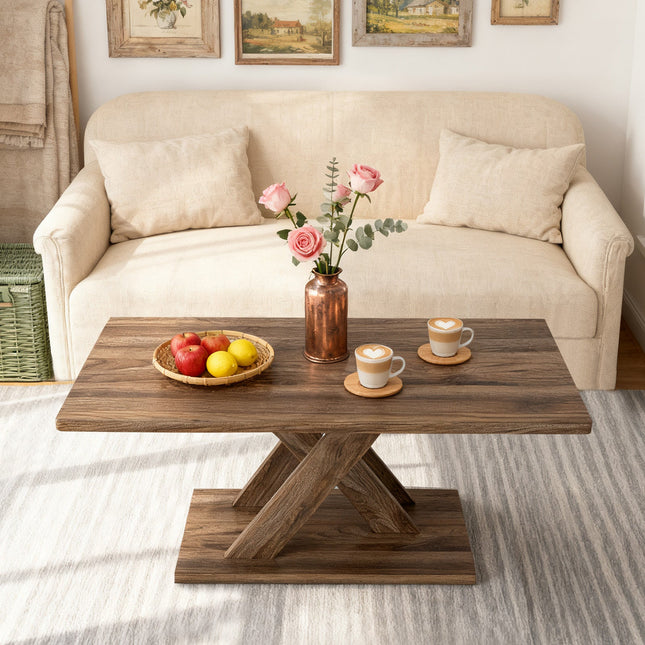 37.5 Inch Rectangular Coffee Table with Stable Base and Rubber Wood Connection for Living Room-Brown