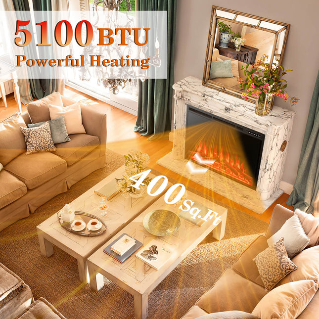 Electric Fireplace Recessed 34/37 Inch with Adjustable Flames