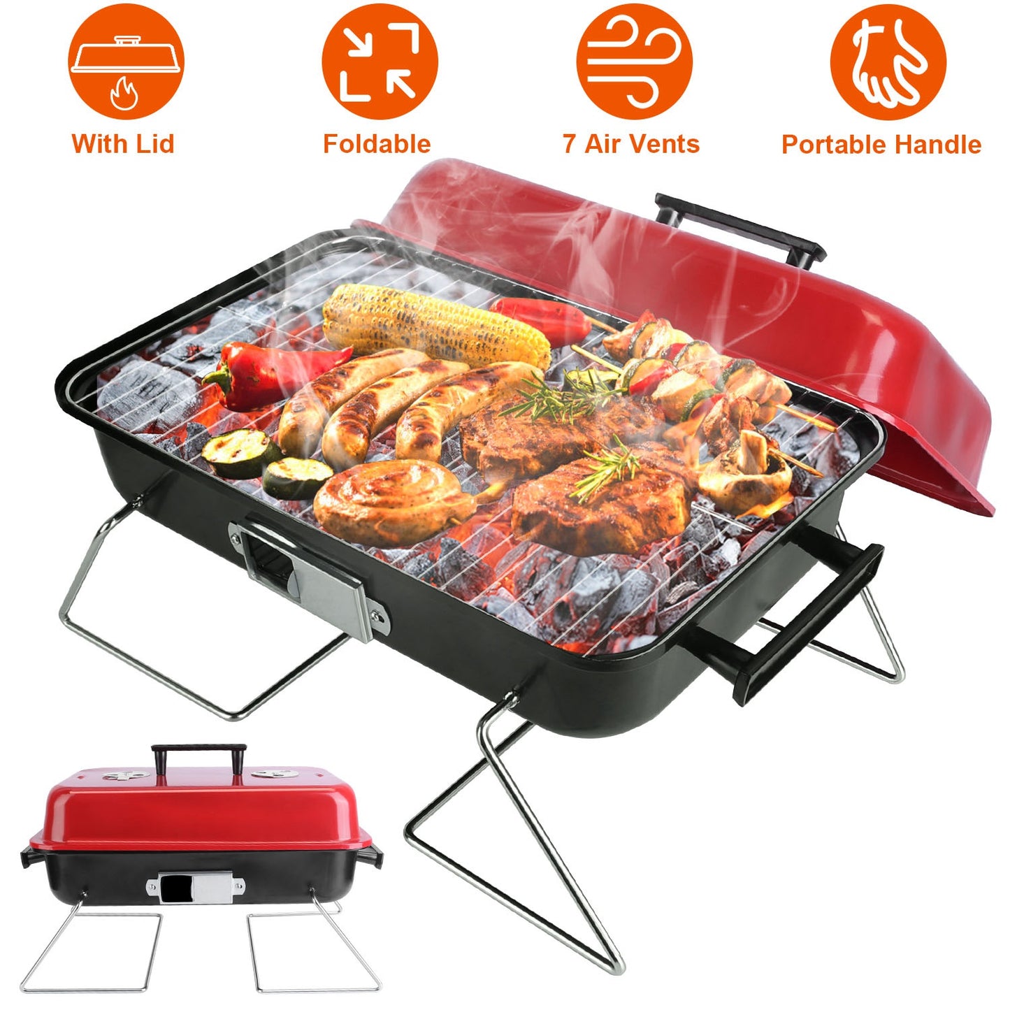 Portable Charcoal Grill OutdoorÊTabletop Grill Small Barbecue Smoker Folding BBQ Grill with Lid for Backyard Camping Picnics Beach