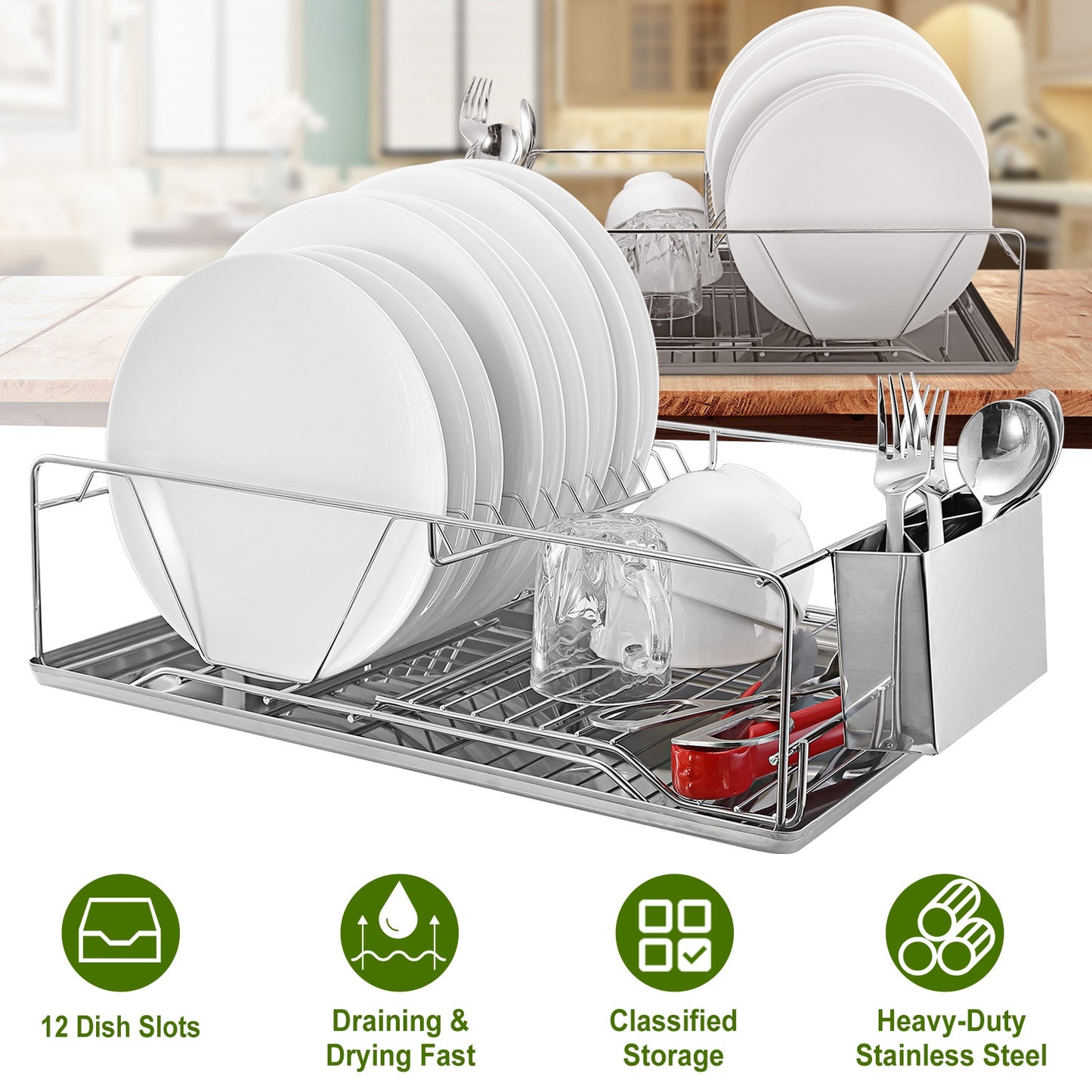 Dish Drying Rack Stainless Steel Dish Rack w/ Drainboard Cutlery Holder Kitchen Dish Organizer