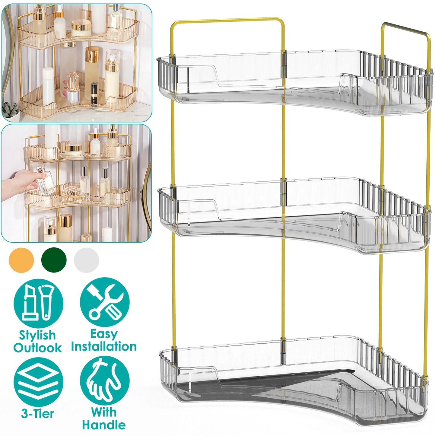 Bathroom Countertop Organizer 3 Tier Corner Makeup Storage Shelf Vanity Cosmetic Perfume Tray Clear Corner Rack for Bedroom Bathroom Kitchen
