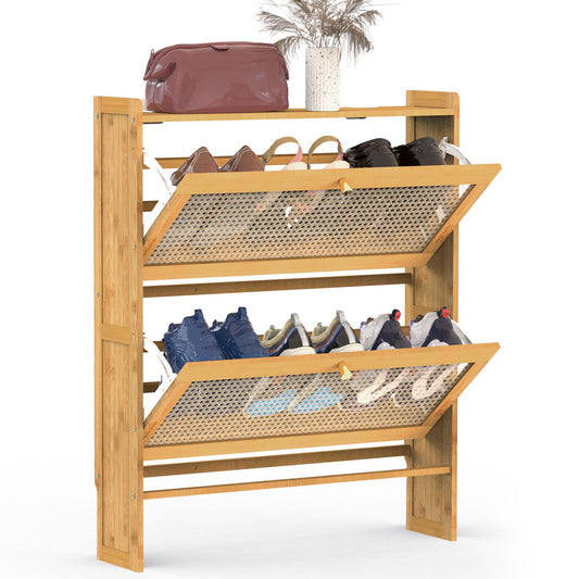 2-Tier Shoe CabinetÊwith 2 Flip Drawers Slim Bamboo Shoe Rack Freestanding Narrow Shoe Organizer with 44lbs Max Load for Entryway Hallway