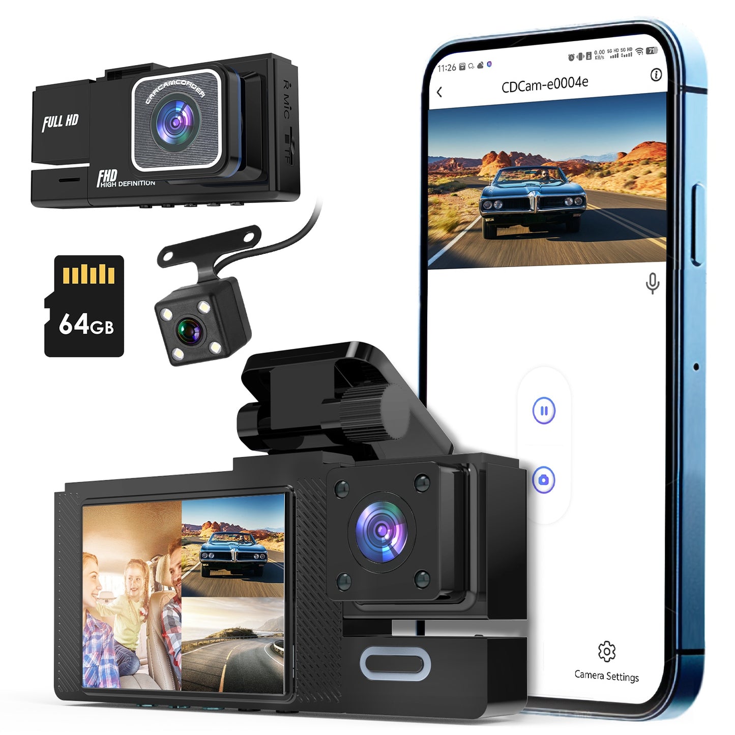 WiFi FHD 1080P Car Dash Cam 3 Channels Front Rear Inside Dash Camera with Loop Recording Reversing Image Night Vision 170¡ Wide Angle Support 64G MMC