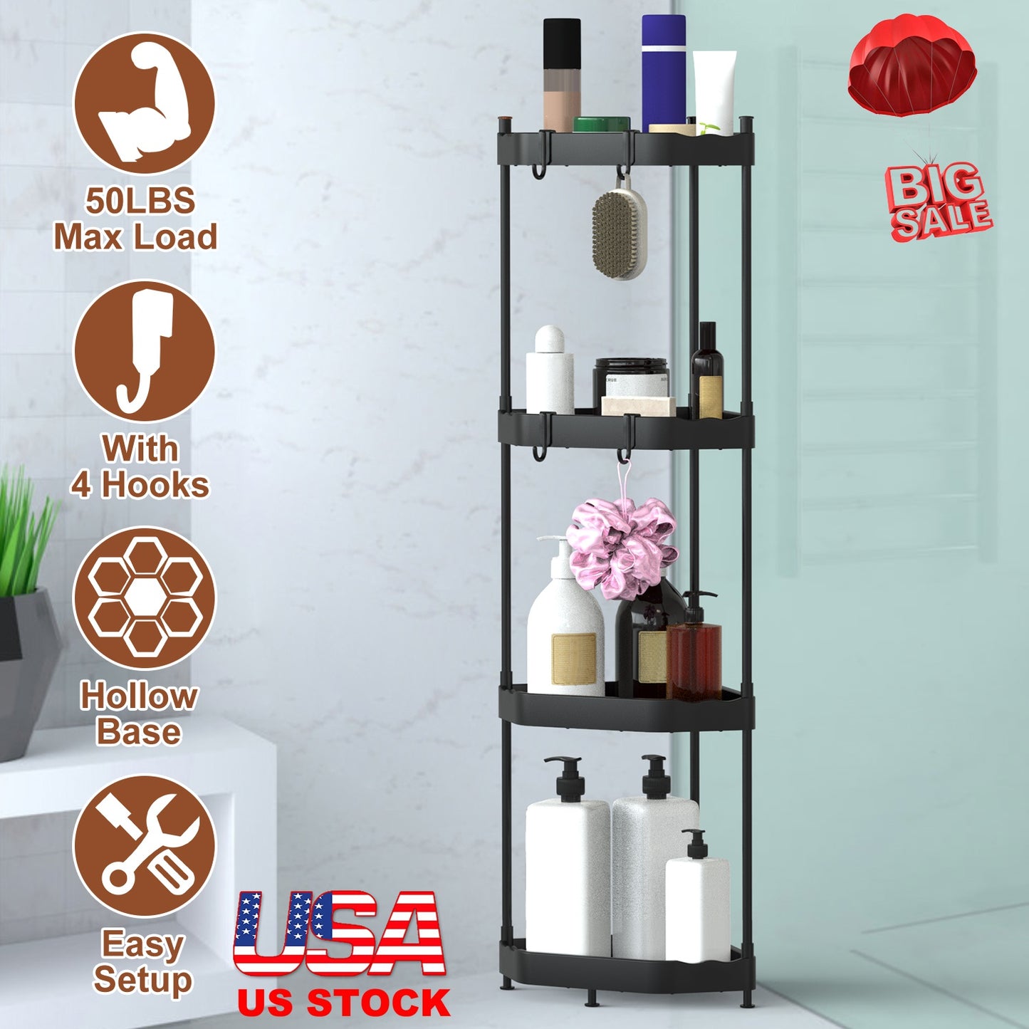 4 Tier Corner Shower Caddy Floor Standing Corner Shelf Carbon Steel Bathroom Storage Rack Organizer Stand with 4 Hooks for Bathroom Bathtub