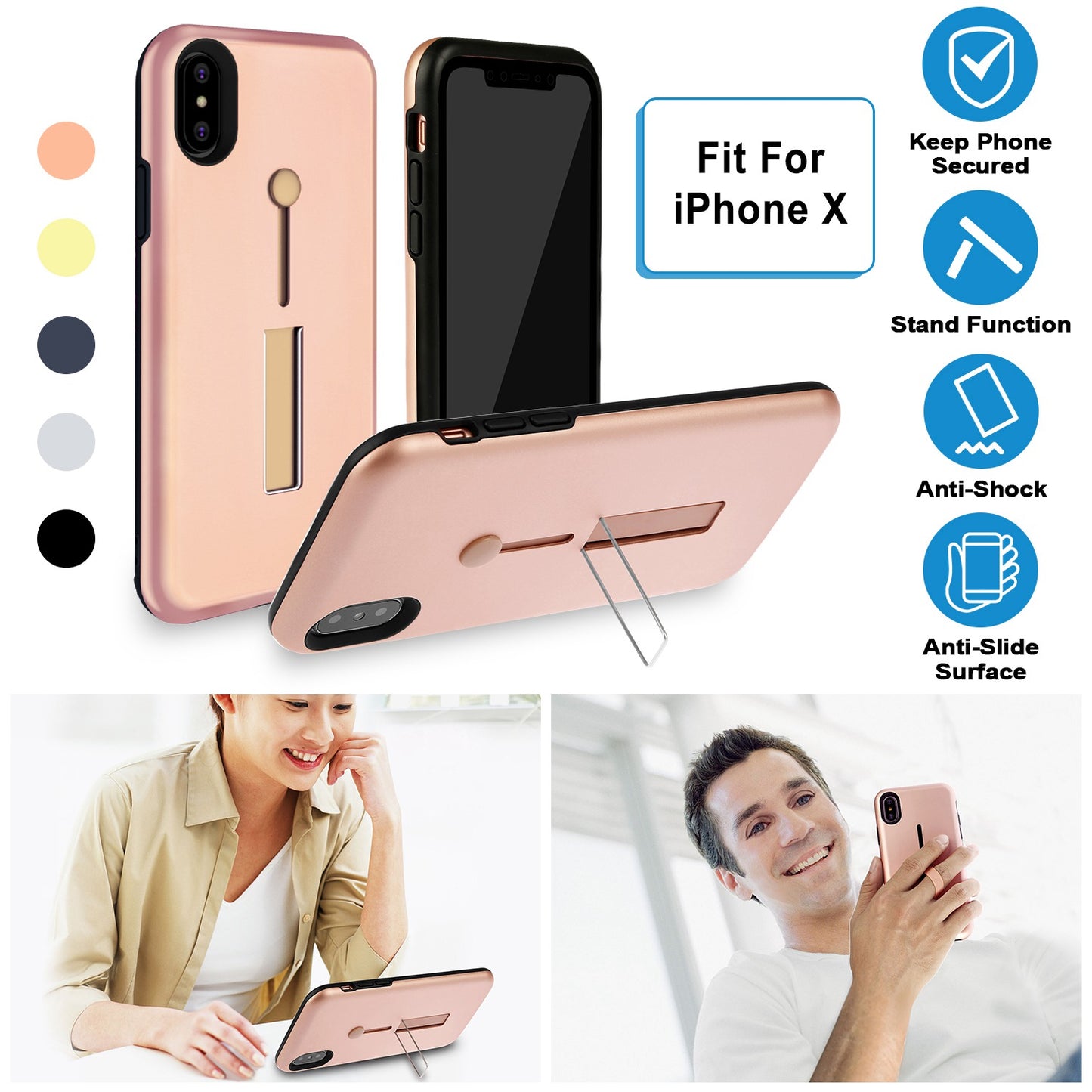 Finger Strap Phone Case for iPhone X Drop-protection Finger Ring Rugged Phone Case with Kickstand Dual Layer Case