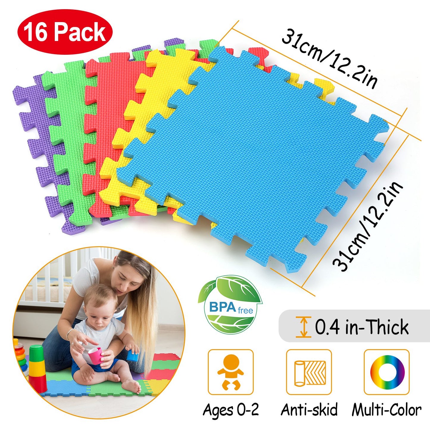 16Pcs Kids Puzzle Exercise Play Mat Interlocking Non-Toxic EVA Floor Mat Multi-Color Anti-Skid Playmat for Infants Baby Toddlers