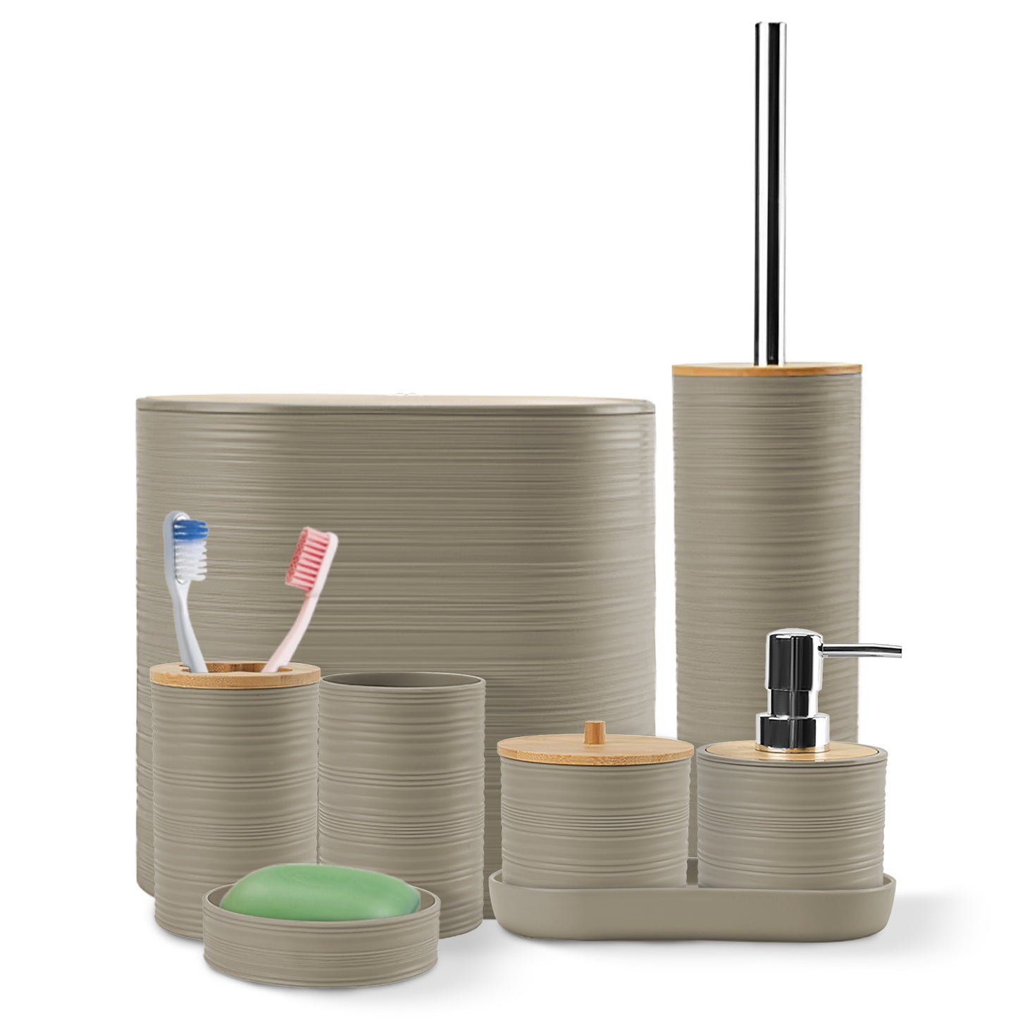 8Pcs Bathroom Accessories Set Bathroom Holder Set with Soap Dispenser Toothbrush Holder Cup Soap Dish Toilet Cleaning Brush Trash Can Qtip Holder Vani