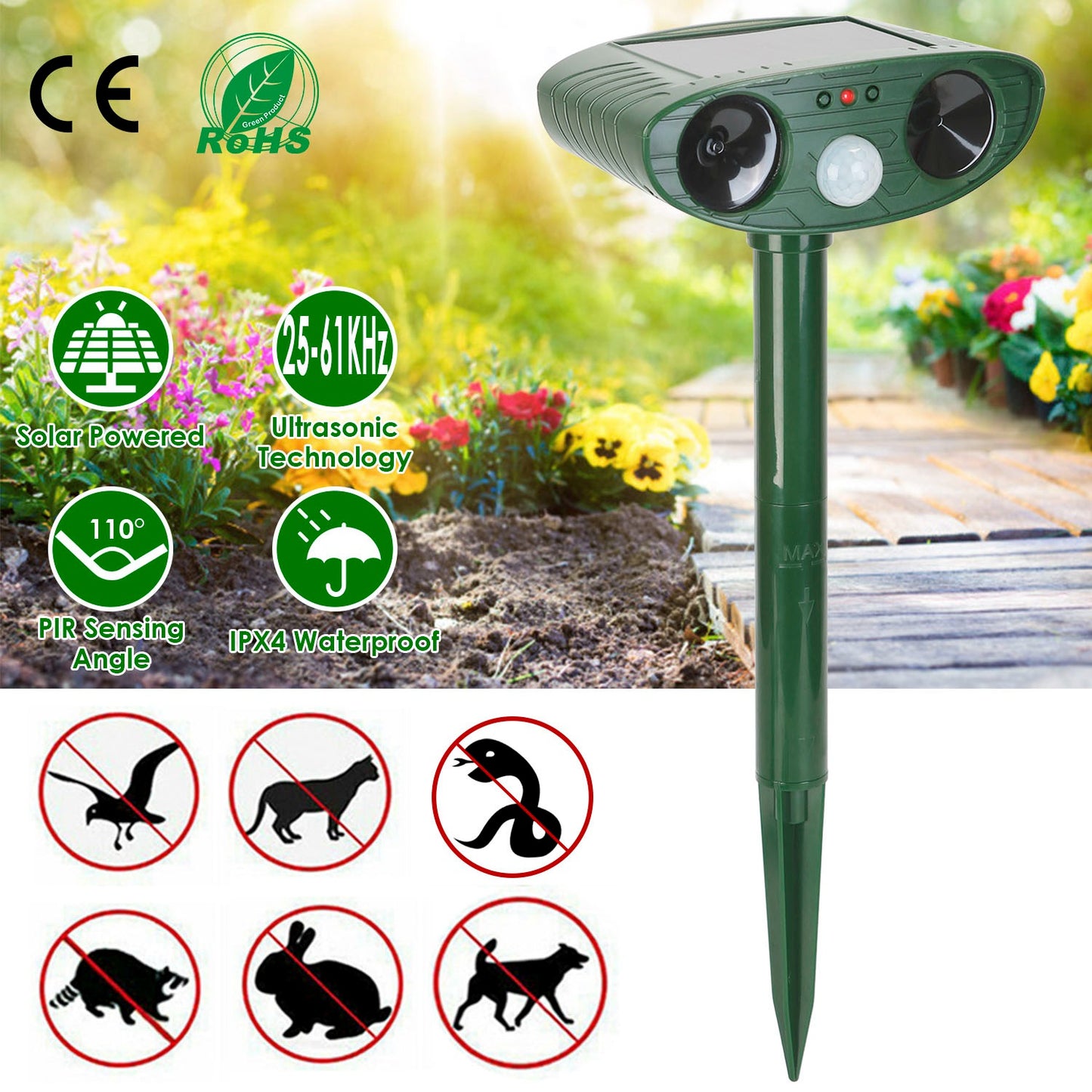 Solar Ultrasonic Animal Repeller PIR Motion Sensor Animal Repellent Chaser IPX4 Waterproof for Farm Garden Yard to Drive Raccoon Squirrel Rat Skunk Ra