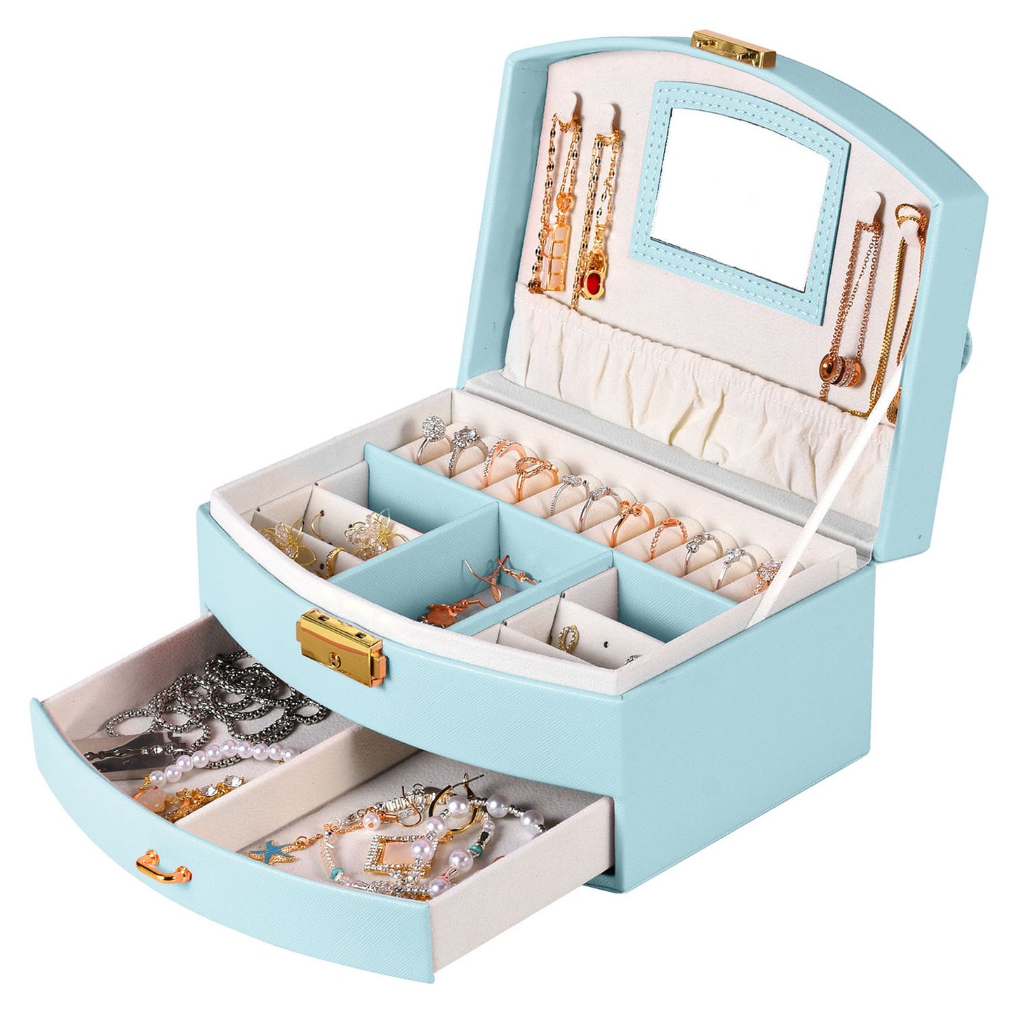 2-Layer Jewelry Box for Women Girls Lockable Leather Jewelry Organizer Jewelry Travel Case for Rings Earrings Necklaces Bracelets