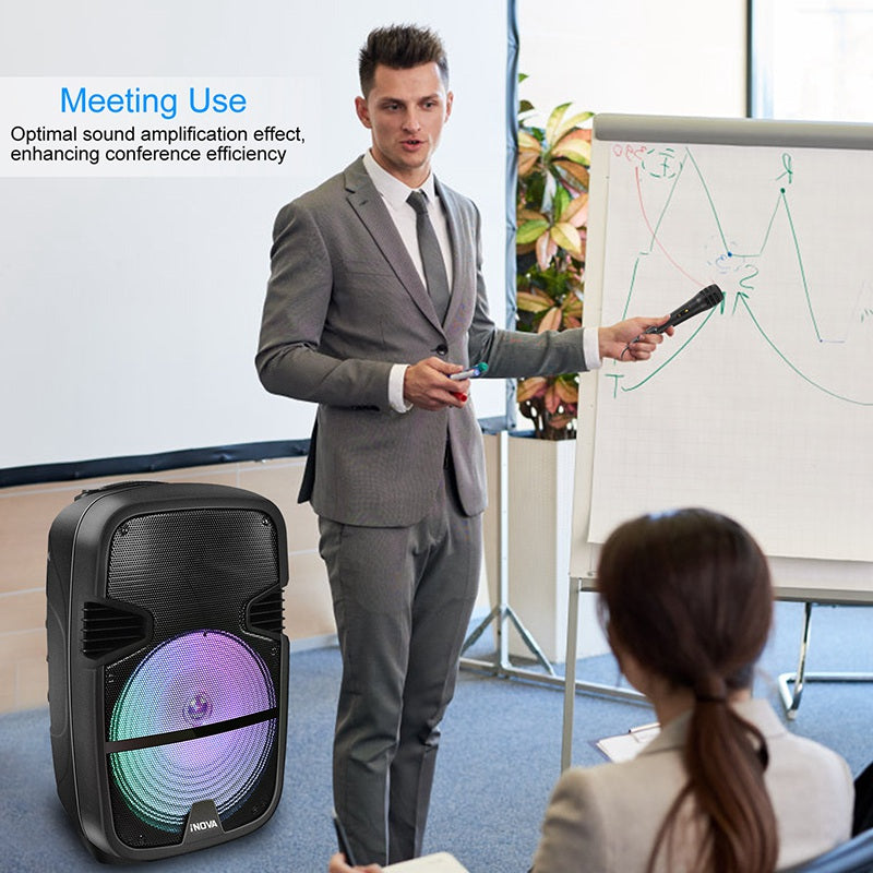 iNOVA Wireless Speaker Portable PA Karaoke System with Wired Microphone 15" Subwoofer Sound System w/ DJ Lights Remote Control