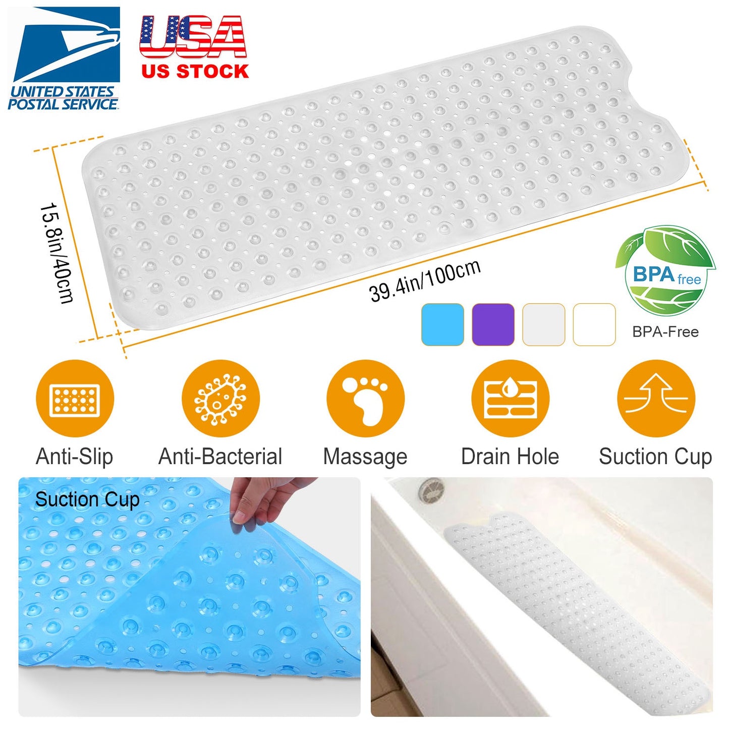 Bath Tub Mat Non-Slip Shower Mat BPA-Free Massage Anti-Bacterial with Suction Cups Washable for Bathroom Kitchen Pool