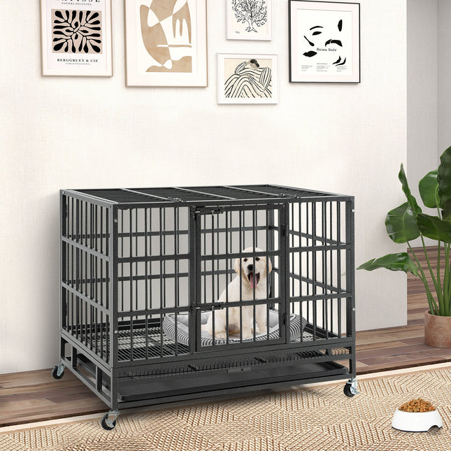 48 Inch Foldable Heavy-Duty Metal Dog Cage with Lockable Rolling Casters and Tray