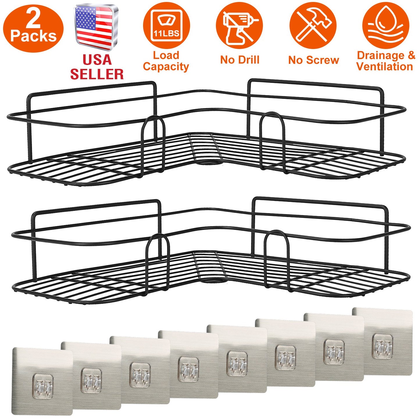 2Pcs Corner Shower Caddy Shelves Wall Mounted Basket Rack Bathroom Shampoo Holder Storage Organizer W/ 8Pcs Adhesive Hooks For Toilet Dorm Kitchen