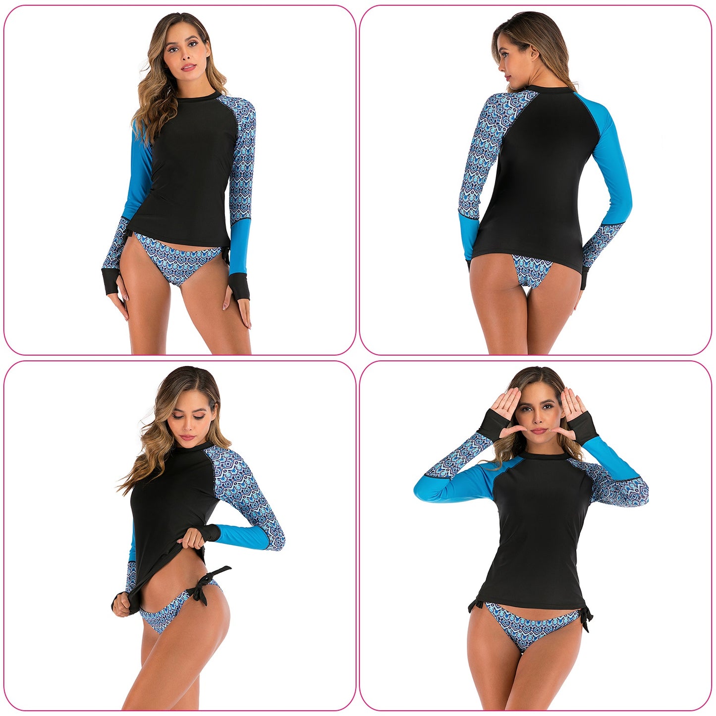 Women 2 Piece Long Sleeve Swimsuit Swim Shirt Bathing Wetsuit Printed Surfing Swimwear Top