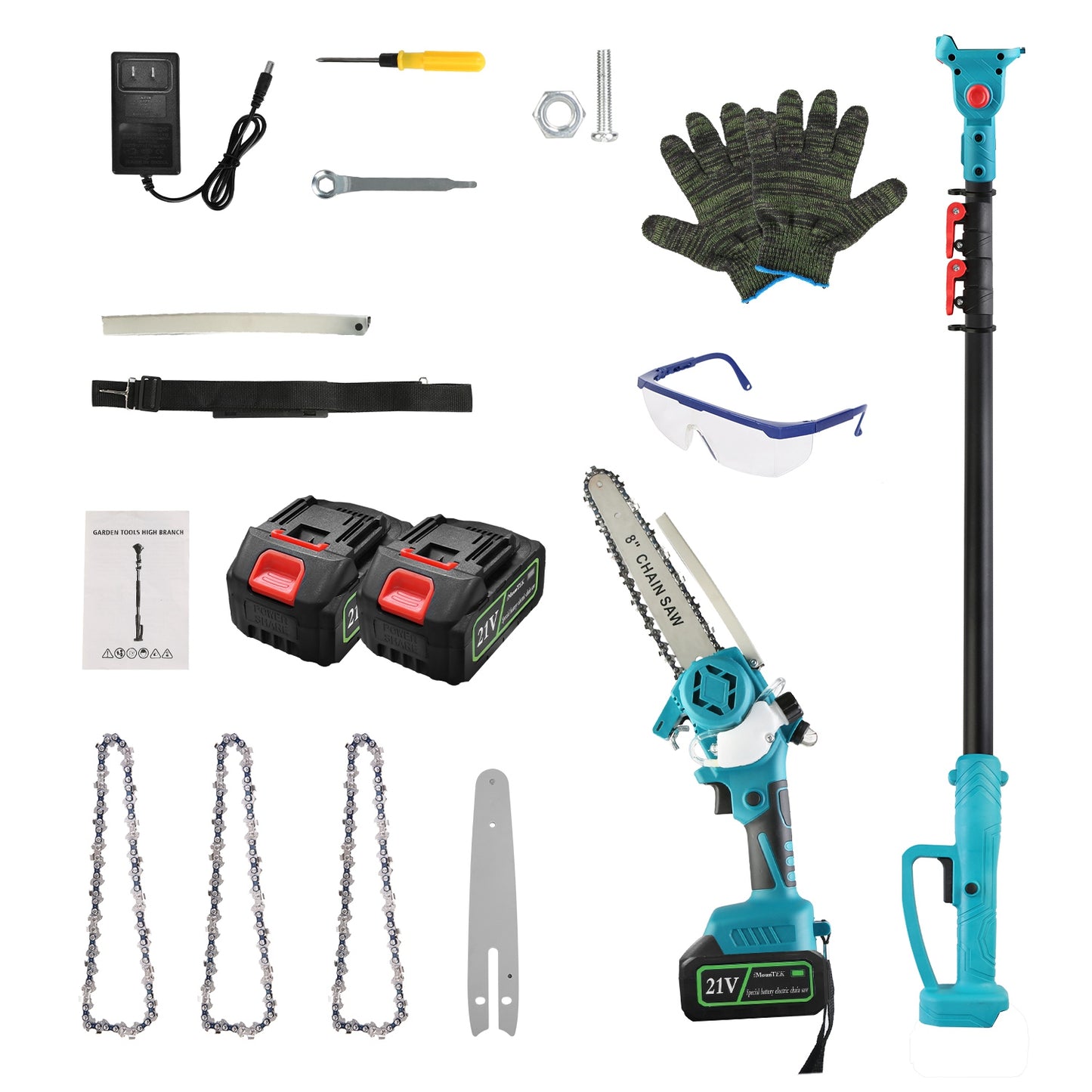 2-IN-1 Cordless Pole Saw And Mini Chainsaw With Extension Pole 21V Battery 8Ó Electric Brushless Pole Chainsaw with Auto Oiler Safety Switch 6.4LBS Li