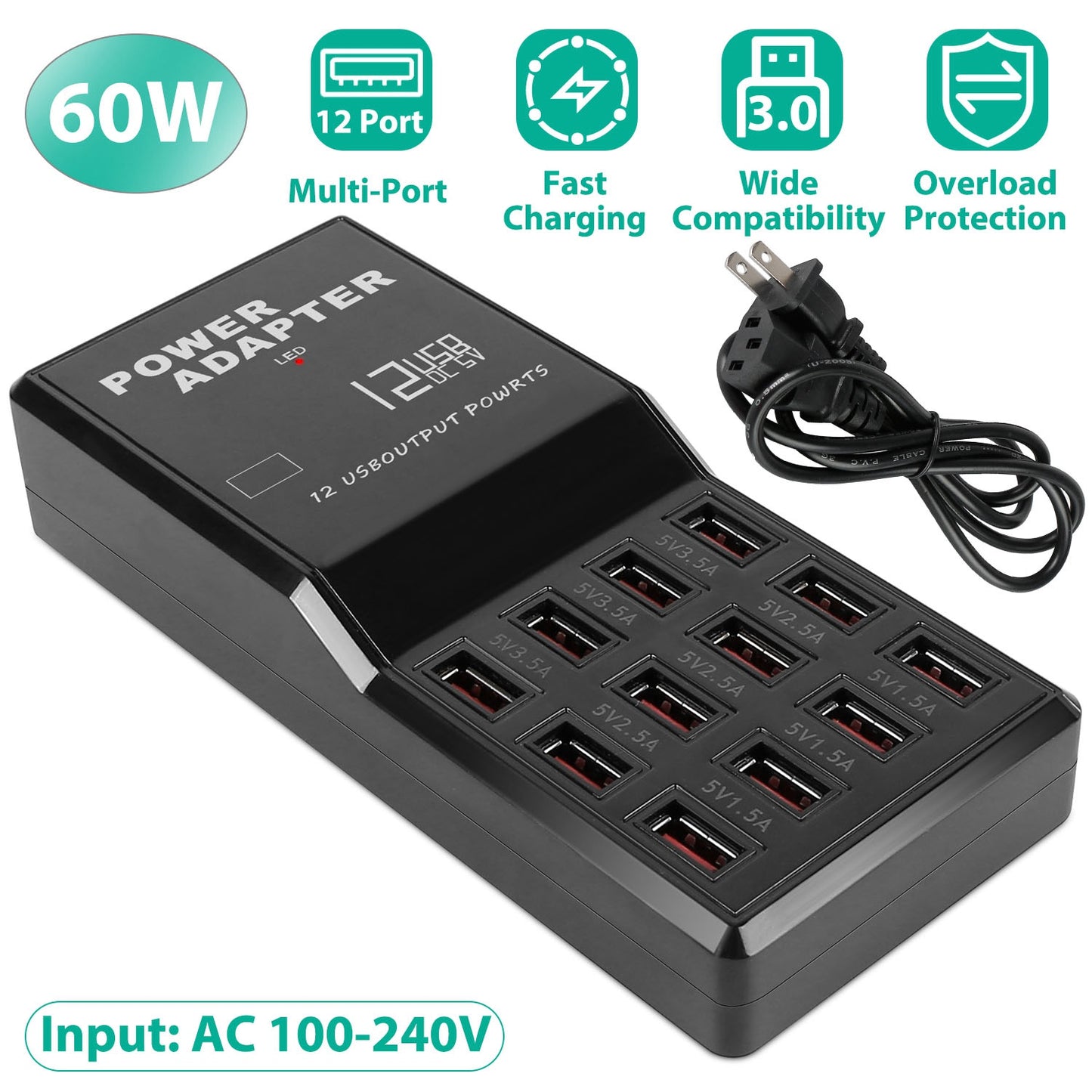 Multi 12 Port USB Charging Station Hub 60W Desktop USB Hub Multiple USB Charger Fast Charge For iPod iPhone 3.74ft Power Cord