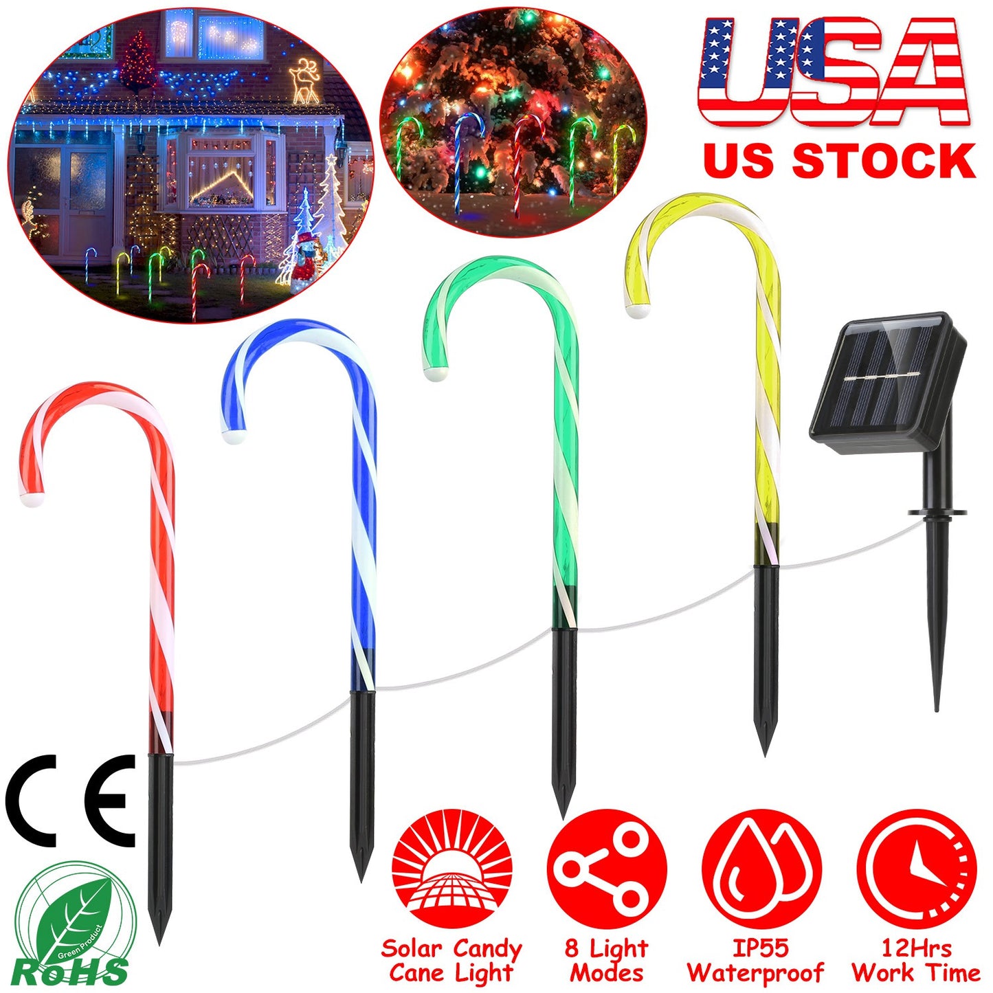 Solar Christmas Candy Cane Light IP55 Waterproof Stake Light Lamp for Patio Yard Garden Pathway Outdoor Christmas Decorative Light