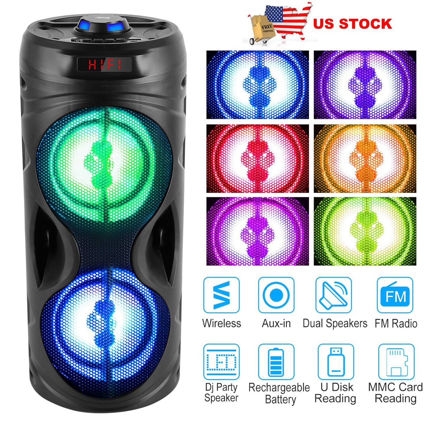 Portable Wireless Party Speaker Karaoke Machine Wireless Speaker with LED DJ Light FM Radio Supports MMC Card/USB Microphone Aux-In for Party Home TV