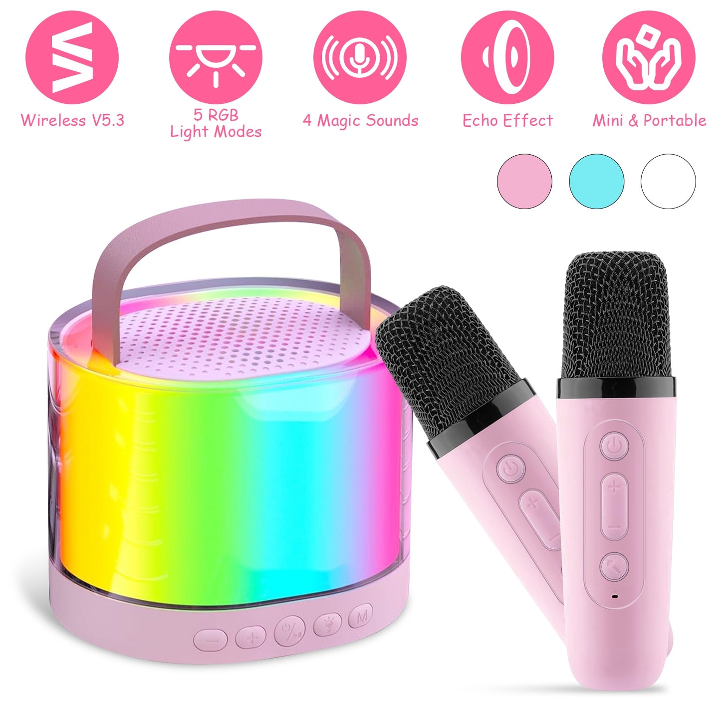 Mini Karaoke Machine With 2 Wireless Microphones Portable Karaoke Set for Kids Adults with RGB Lights Magic Sounds Echo Effect Gift for Boys Girls