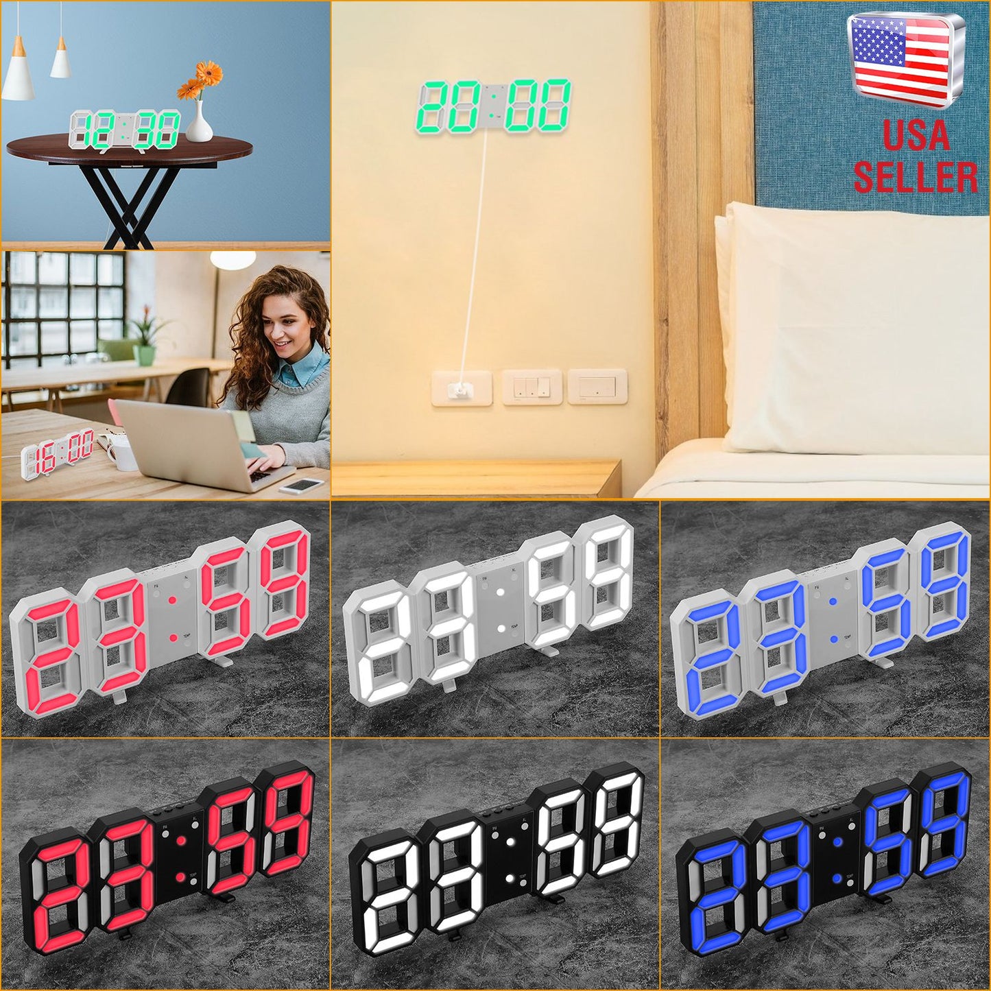 3D LED Digital Wall Clock Sound Control Table Desk Alarm Clock w/ 3 Auto Adjustable Brightness Snooze Date Temperature 12/24Hr Time Display For Office