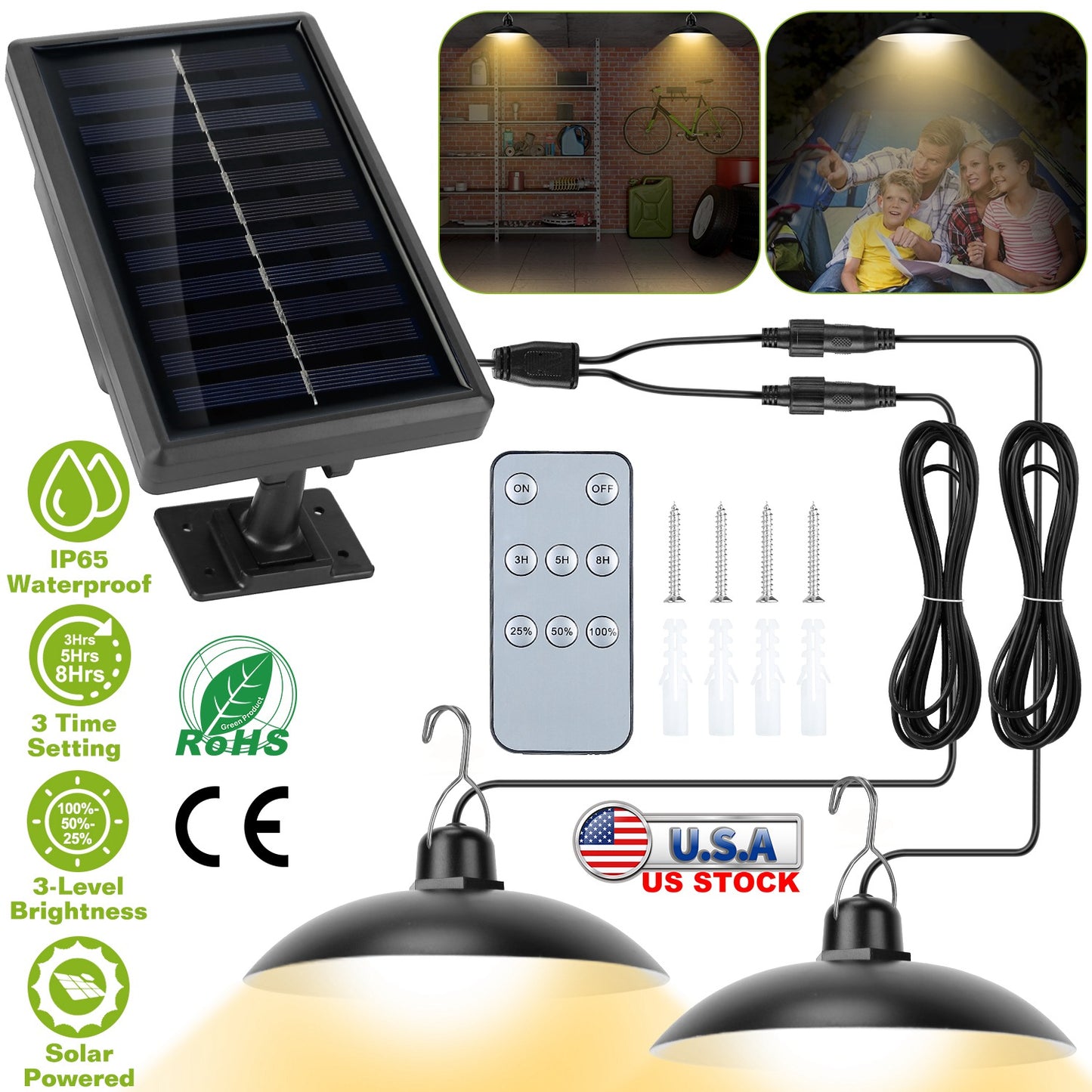Solar Shed Lights Dual Lighting Heads Dimmable Timing Auto Sensor Turn Off Hanging Lamp IP65 Waterproof Remote Control Pendant Light For Garden Patio