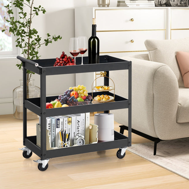 3-Tier Utility Cart Rolling Metal Cart with Handle and Universal Wheels