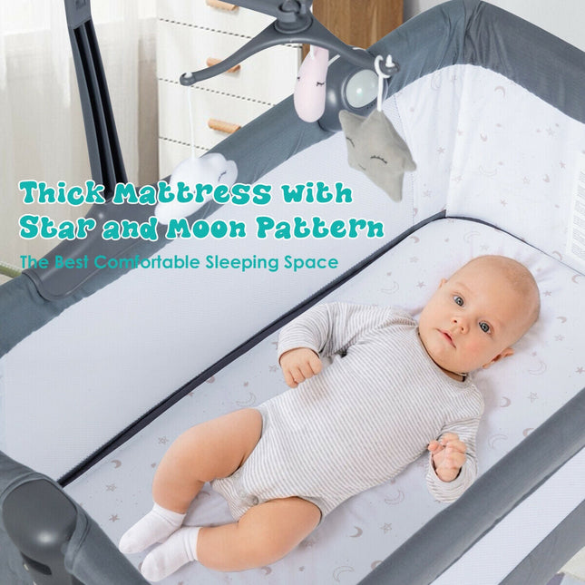 Height Adjustable Baby Side Crib with Music Box & Toys